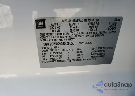 2016 Chevrolet Tahoe C1500 Lt z USA, uszkodzony, nr VIN 1GNSCBKC9GR420856